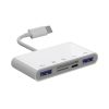 Hub 4 en 1 Adaptador Multipuertos USB-C a 3xUSB y 1xRJ45 en blanco, con cable corto y varios puertos frontales para ampliar conectividad.
