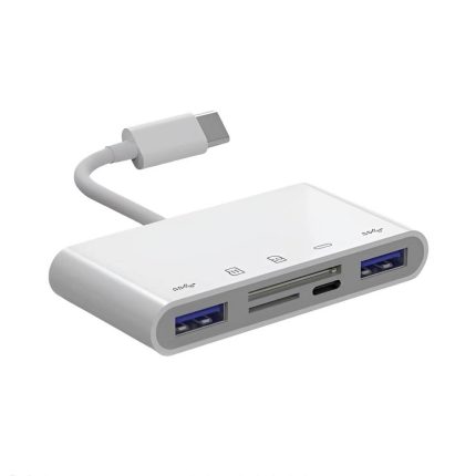 Hub 4 en 1 Adaptador Multipuertos USB-C a 3xUSB y 1xRJ45 en blanco, con cable corto y varios puertos frontales para ampliar conectividad.