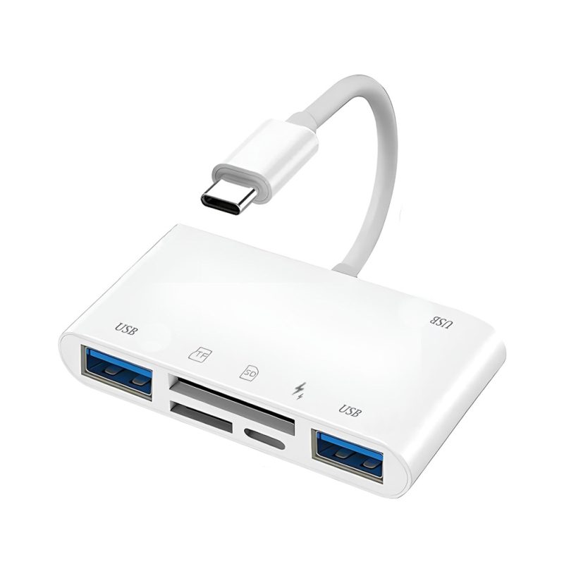 Un hub USB-C 4 en 1 blanco con tres puertos USB azules y ranuras SD y microSD, además de un cable corto para conectar equipos.