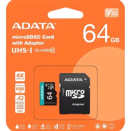 tarjeta de memoria MicroSD Premier 64GB, con alta velocidad de transferencia para cámaras, drones y smartphones.
