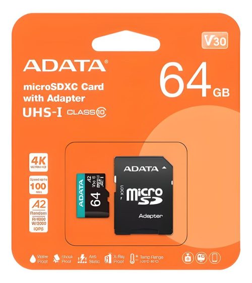 tarjeta de memoria MicroSD Premier 64GB, con alta velocidad de transferencia para cámaras, drones y smartphones.