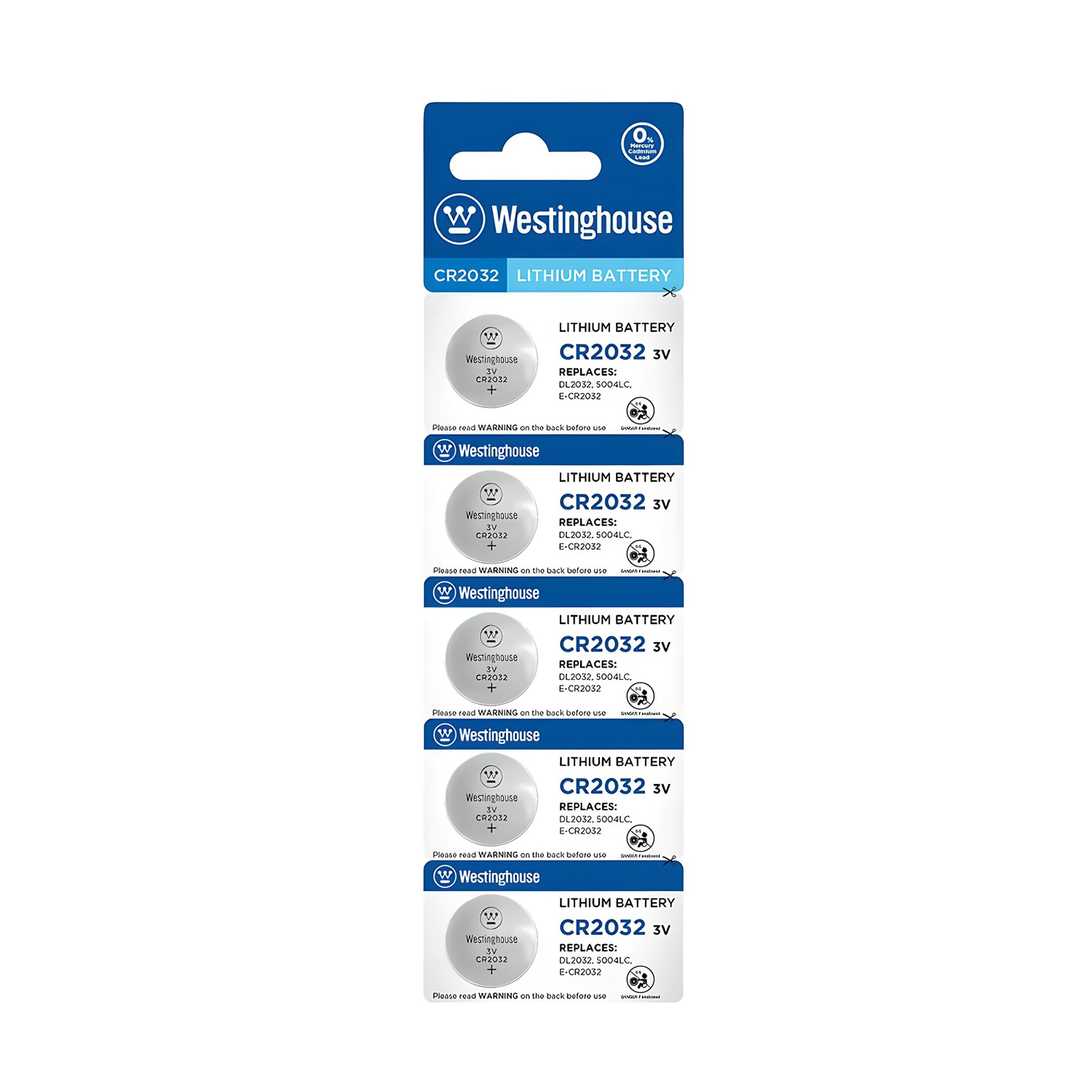 Pila 3V CR2032 Westinghouse, pack de 5 unidades, ideal para relojes y dispositivos electrónicos.