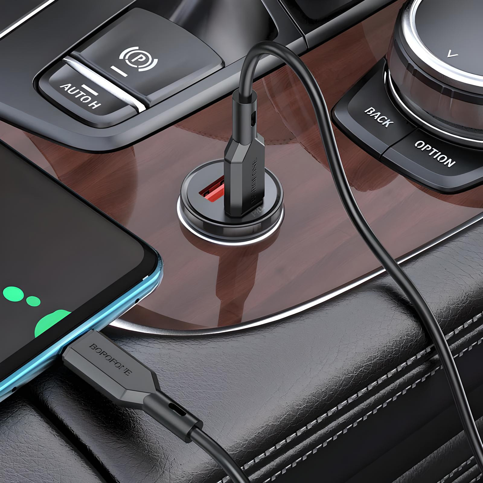 Cargador rápido de auto Borofone, 30W, USB, USB-C, rayoshop
