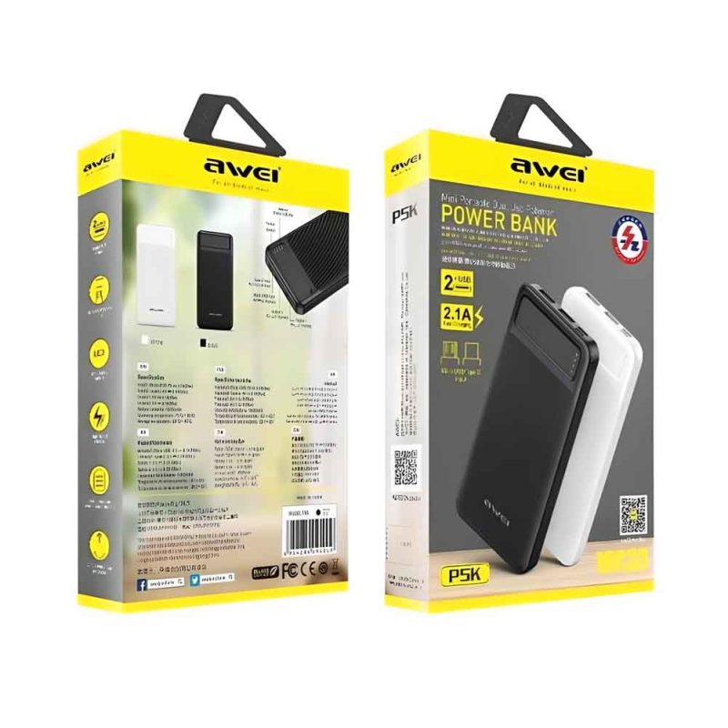 Cargador portátil de alta capacidad Awei P5K de 10000 mAh, ideal para viajes, en Rayoshop