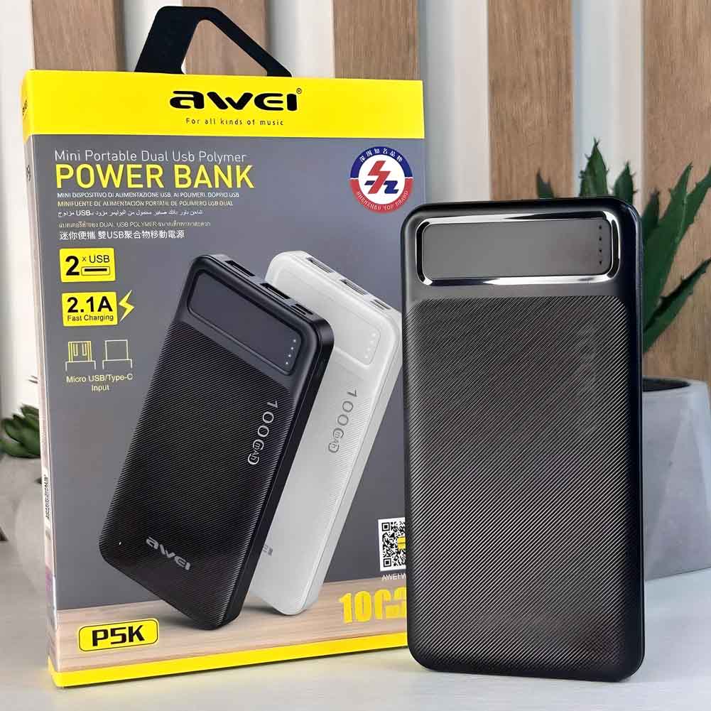 Cargador portátil compacto Awei P5K de 10000 mAh para smartphone, disponible en Rayoshop