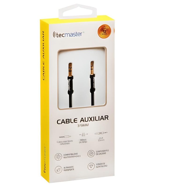Cable auxiliar Tecmaster 1 metro 3.5mm para audio nítido. Rayoshop.