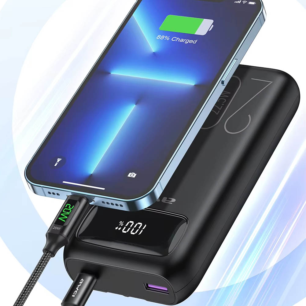 Power Bank Awei P169K 20000mAh, cables USB-C y Lightning, Rayoshop Chile.