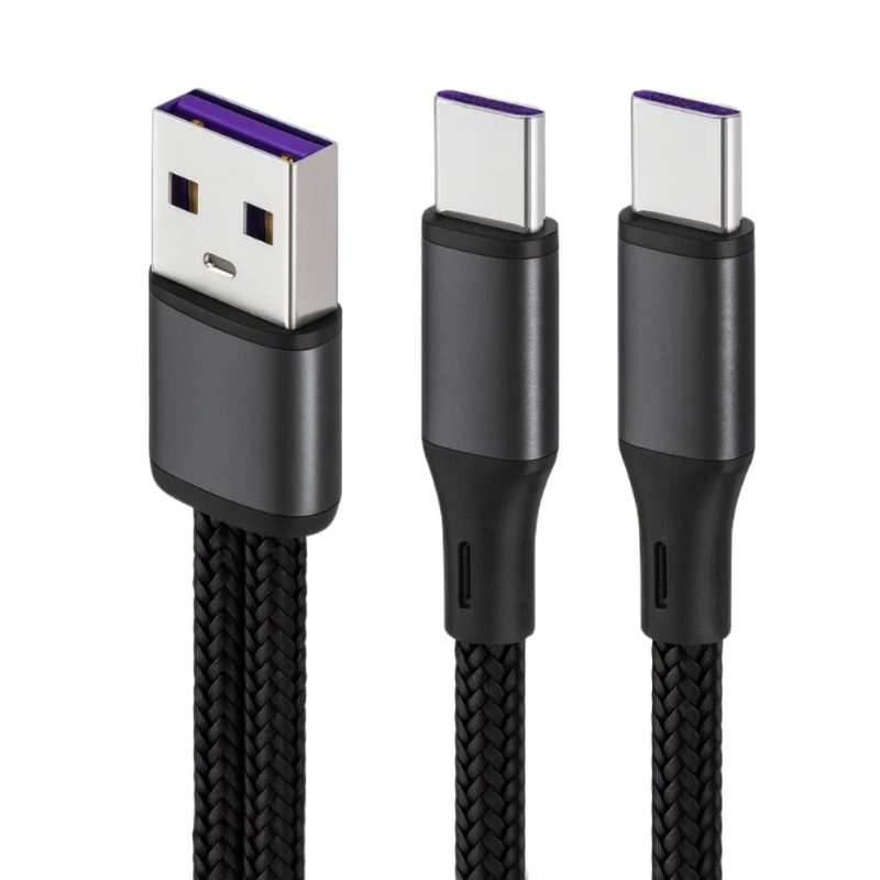 Cable Carga y Data USB a Doble USB-C 100W 1.20 Metros EON en color negro, con conector USB-A y extremos USB-C de alta resistencia.