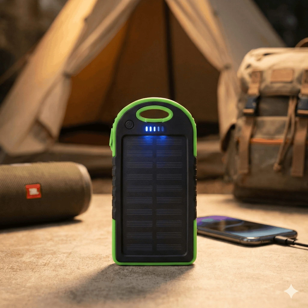 Cargador solar portátil EON de 5000mAh con panel monocristalino, batería externa resistente en negro y verde, junto a un teléfono en carga.