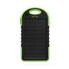 Cargador solar portátil EON de 5000mAh con panel monocristalino, carcasa negra y verde, batería externa rugged y luz LED integrada para emergencias.