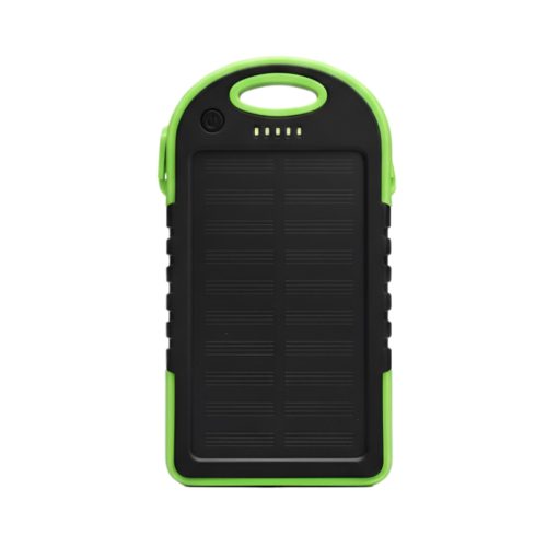 Cargador solar portátil EON de 5000mAh con panel monocristalino, carcasa negra y verde, batería externa rugged y luz LED integrada para emergencias.