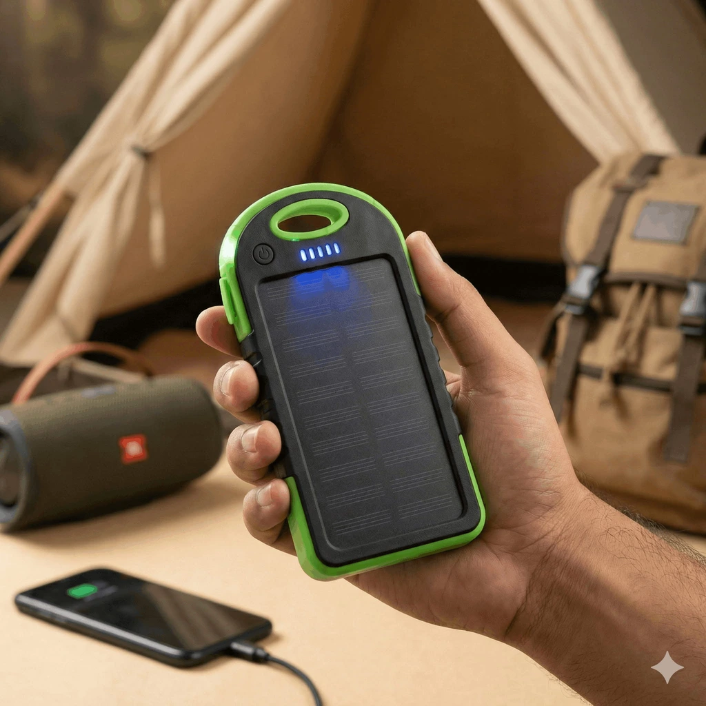 Power bank solar EON verde y negro de 5000 mAh con panel monocristalino y linterna LED, sostenido en mano durante una salida de camping.