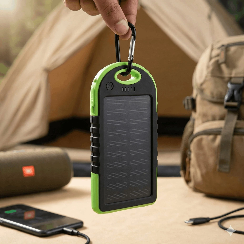 Con carcasa verde y negra, el power bank solar EON de 5000 mAh muestra panel monocristalino, mosquetón y diseño rugged para exterior.