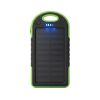 Cargador solar portátil EON Power Bank de 5000mAh, negro con bordes verdes, panel monocristalino, LED indicador y diseño rugged para uso diario.