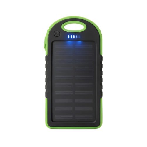 Cargador solar portátil EON Power Bank de 5000mAh, negro con bordes verdes, panel monocristalino, LED indicador y diseño rugged para uso diario.
