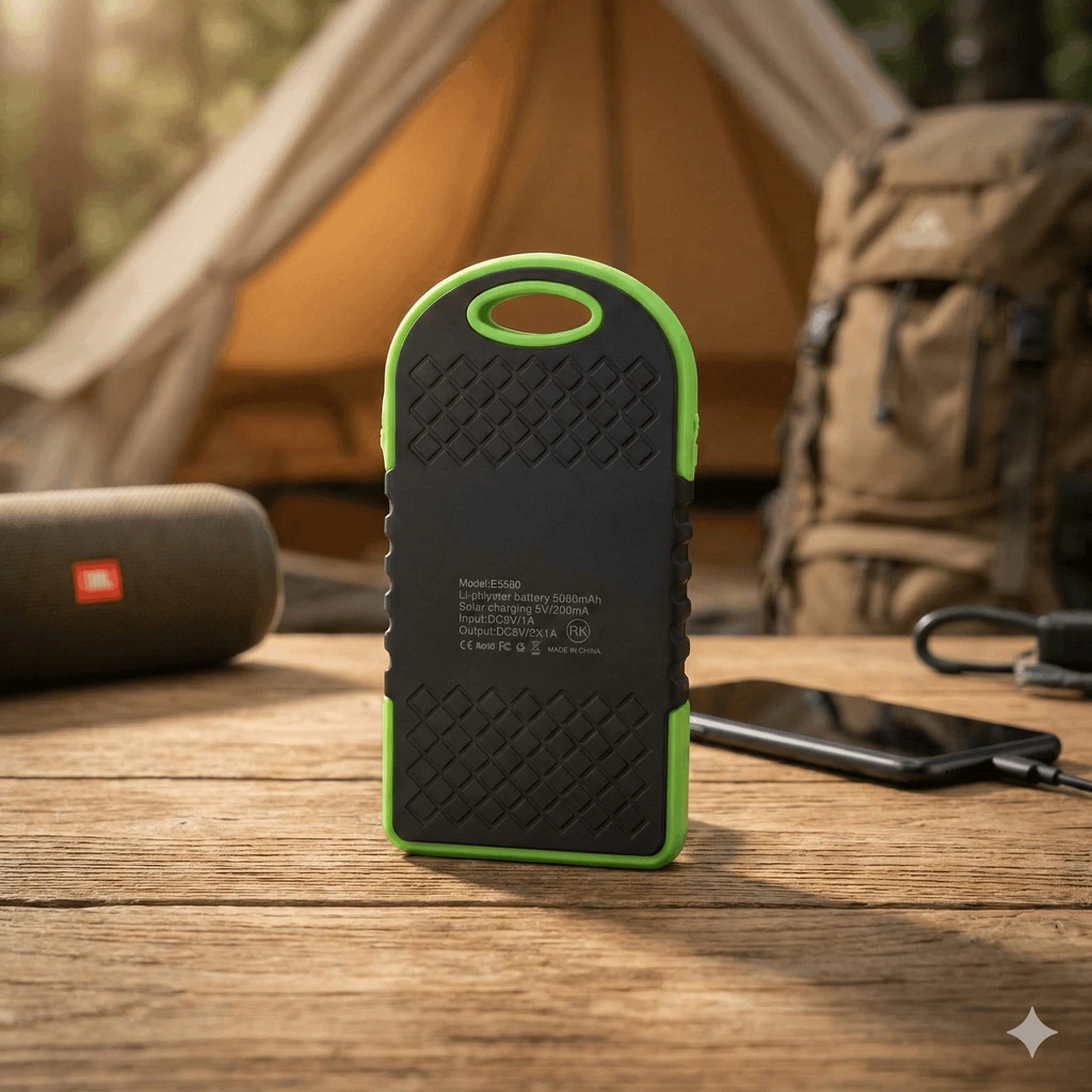 Cargador solar portátil EON de 5000 mAh con borde verde, diseño resistente y fondo de camping junto a una carpa, para carga externa en exteriores.