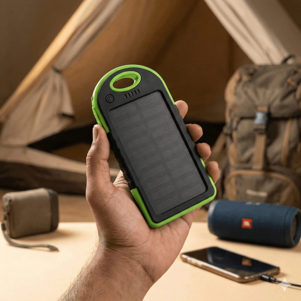 Cargador Solar Power Bank EON de 5000mAh con panel monocristalino de 1.2W, carcasa negra con borde verde y linterna LED integrada.