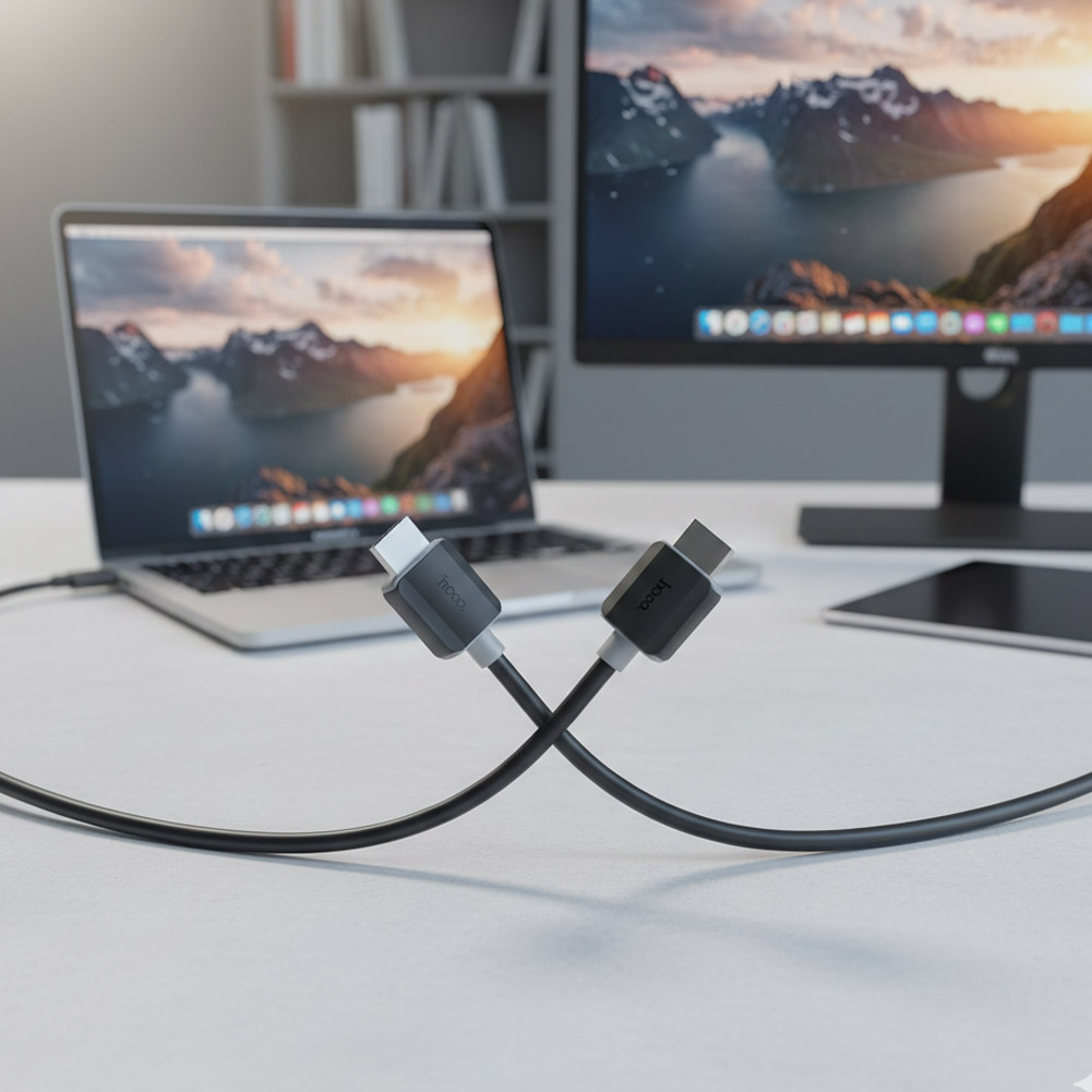 Cable HDMI HOCO de 1 metro con conectores en primer plano, tendido sobre una mesa frente a un portátil y un monitor con pantalla abierta.
