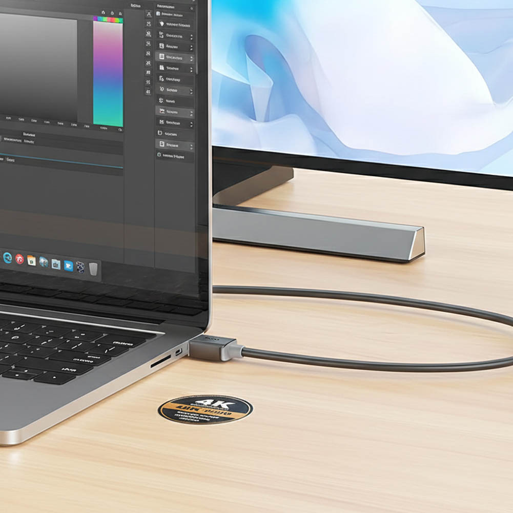 Cable HDMI Hoco negro conectado entre un portátil y un monitor, con transmisión de video en alta definición y sello 4K sobre la mesa de escritorio.