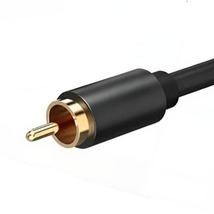Conector RCA RayoShop con acabado negro y punta dorada, ideal para conexiones de audio y video de alta fidelidad en equipos electrónicos.