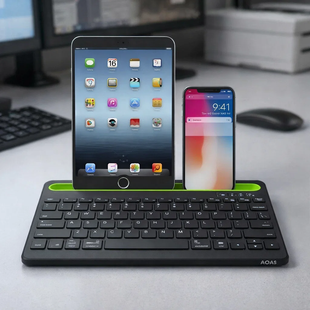 Teclado Bluetooth inalámbrico recargable AS-199, compacto y de doble canal, con Bluetooth 5.2, USB-C y ranura para tablet, notebook, PC y celular.
