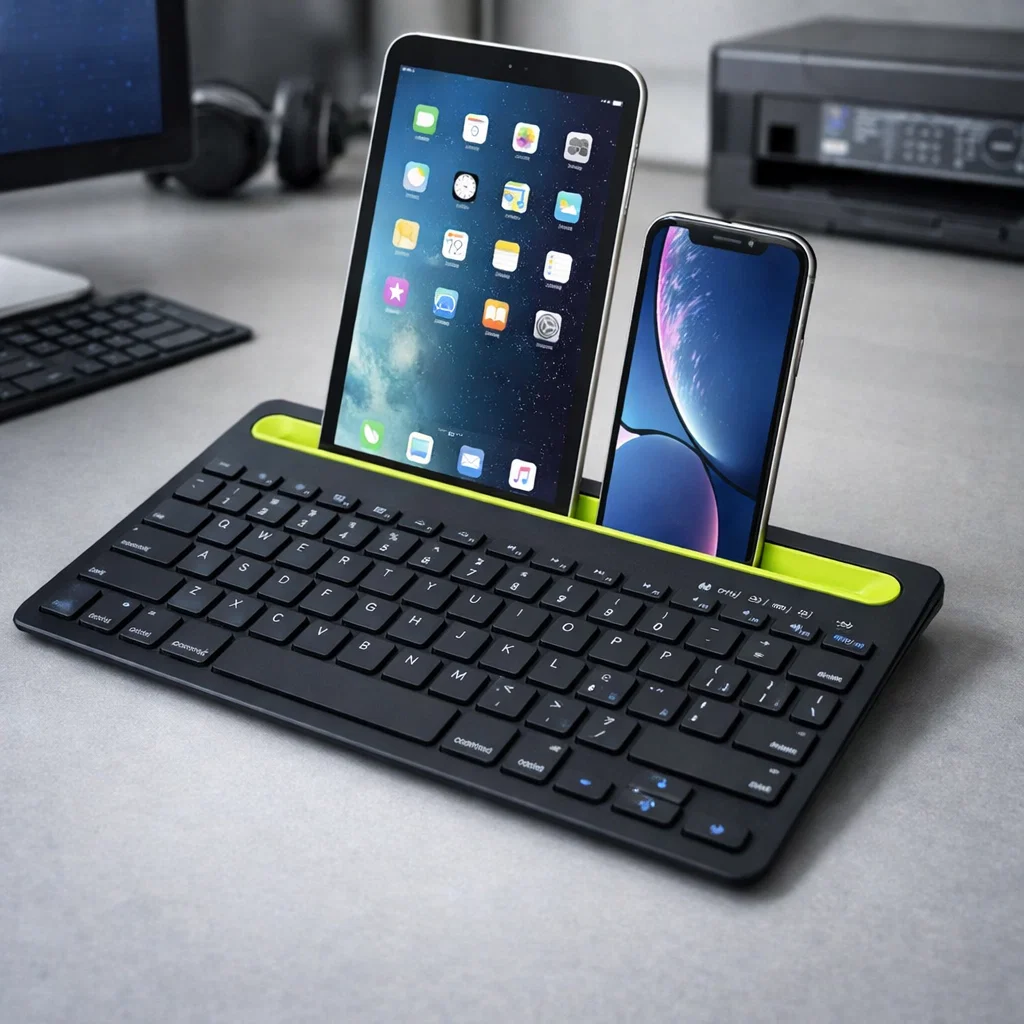 Teclado inalámbrico recargable AS-199 con Bluetooth 5.2 y puerto USB-C, con ranura para tablet y celular en doble canal.