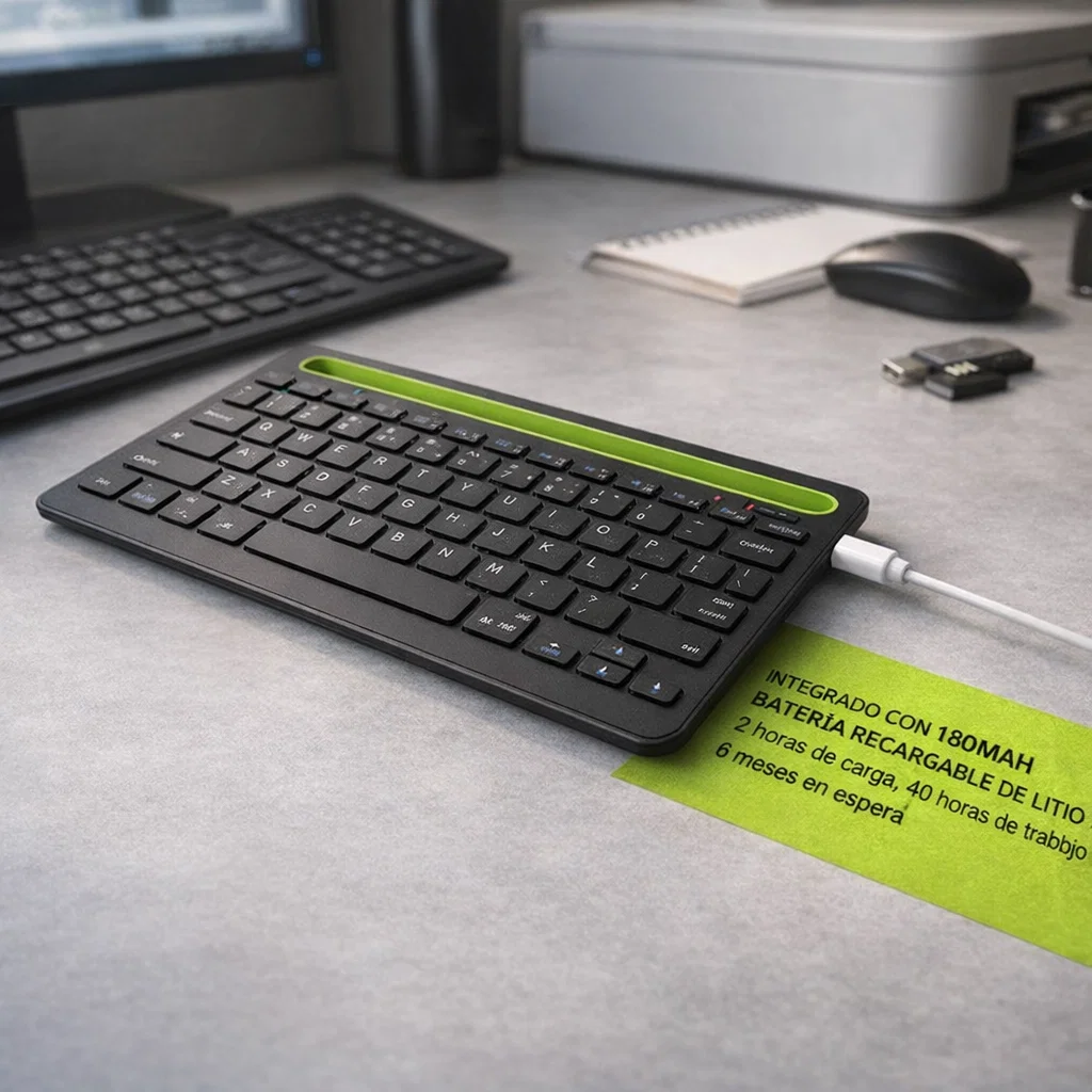 Teclado Bluetooth inalámbrico recargable AS-199 con conexión Bluetooth 5.2 y carga USB-C, junto a texto sobre batería integrada de 180 mAh.