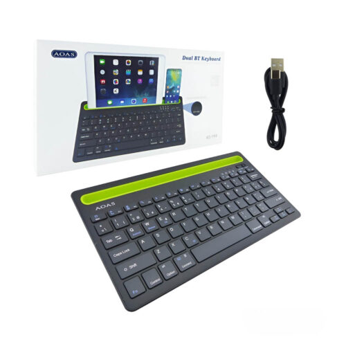 Teclado Bluetooth inalámbrico recargable AOAS AS-199 con doble canal, USB-C y soporte superior para notebook, PC, tablet y celular.