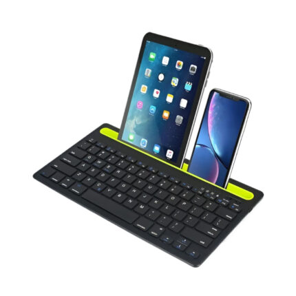 Teclado inalámbrico recargable AS-199 con Bluetooth 5.2, doble canal y ranura superior para tablet y celular, en color negro con línea verde.