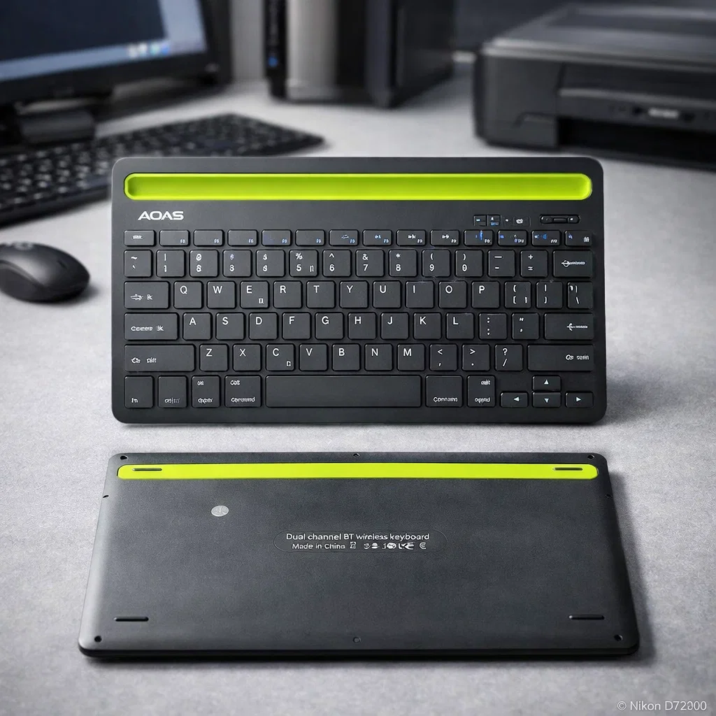 Teclado inalámbrico recargable AS-199 con Bluetooth 5.2, doble canal y puerto USB-C, mostrado junto a su base compacta para notebook, PC y celular.