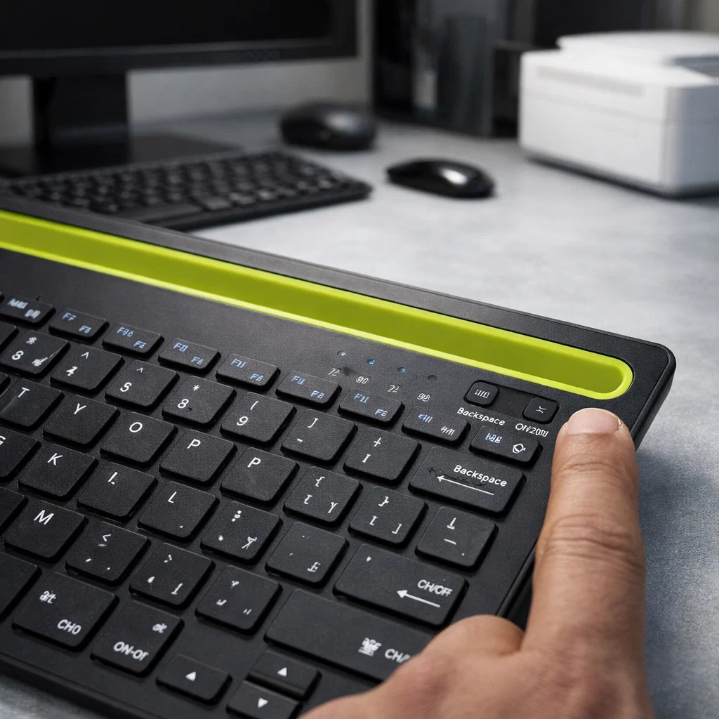 Teclado Bluetooth inalámbrico recargable AS-199 negro con ranura superior verde y teclas de acceso rápido para Notebook, PC, tablet y celular.