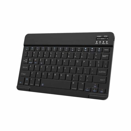 Teclado inalámbrico negro compacto con teclas QWERTY, interruptor CONNECT/OFF/ON e indicadores CAPS, Charge y Power para dispositivos portátiles.