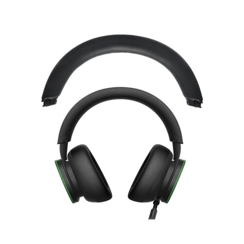 Diadema negra de repuesto montada sobre unos audífonos gamer Xbox Series XS y Xbox One, con acolchado suave y ajuste de soporte sobre fondo blanco.