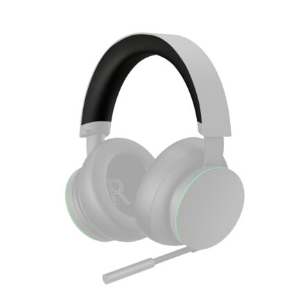Una diadema negra de repuesto para audífonos gamer Xbox Series XS y Xbox One, con almohadilla acolchada y acabado suave sobre un casco gris claro.