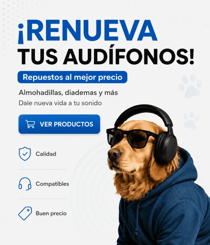 Banner de Rayoshop con el texto “¡Renueva tus audífonos!” y repuestos como almohadillas y diademas, junto a “Ver productos” en diseño azul.
