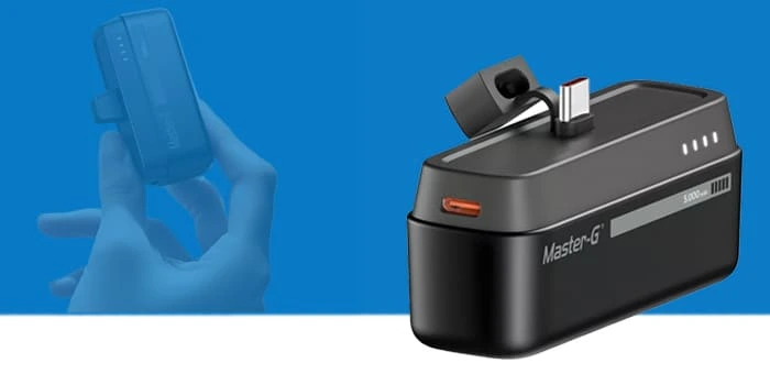 Power Bank Master-G negro sobre fondo azul, presentado junto a batería portátil de carga rápida y opciones de energía para distintos dispositivos.