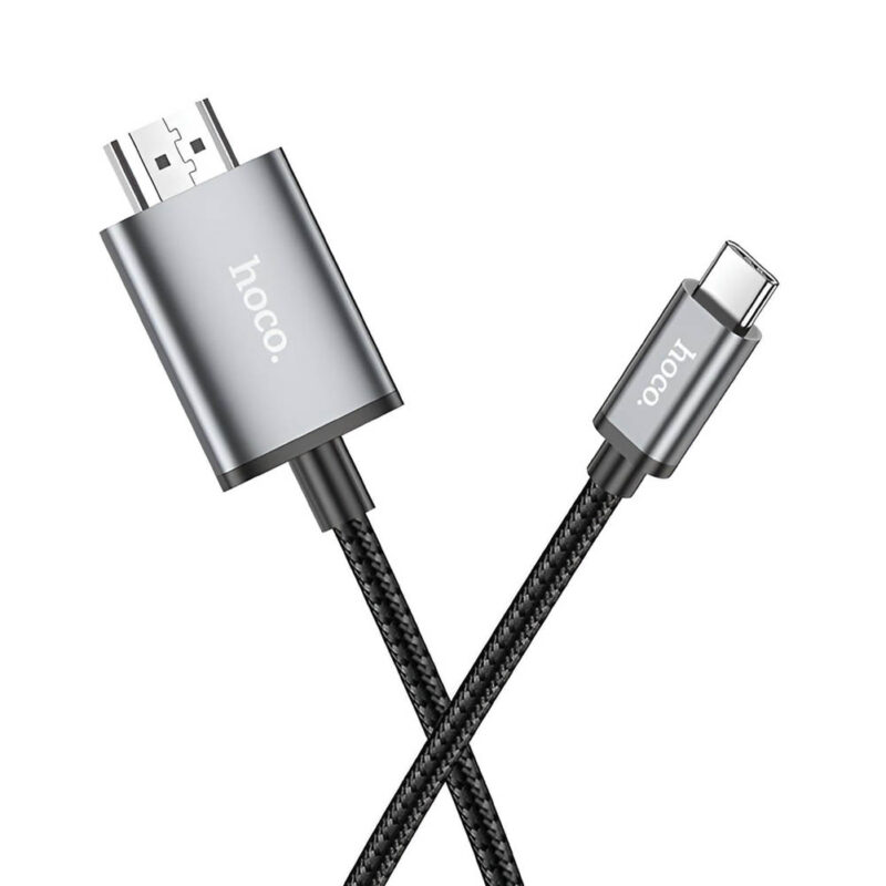 Cable Hoco UA27 USB-C a HDMI de 2 metros, con conectores metálicos y recubrimiento trenzado negro para una conexión de video 4K.