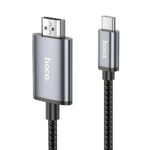 Cable Hoco USB-C a HDMI de 2 metros en color negro, con conectores metálicos y recubrimiento trenzado para transmitir video 4K con nitidez.