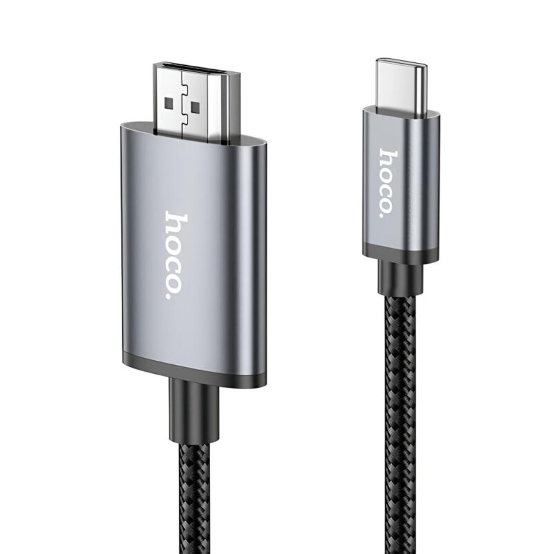 Cable Hoco USB-C a HDMI de 2 metros en color negro, con conectores metálicos y recubrimiento trenzado para transmitir video 4K con nitidez.