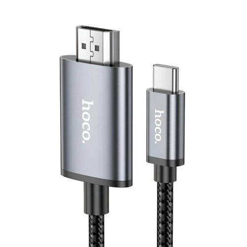 Los conectores Hoco de un cable USB-C a HDMI muestran acabado gris y recubrimiento trenzado negro para transmisión de video 4K a 30Hz con 2 metros.