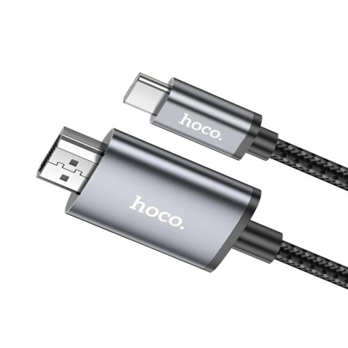 Cable Hoco UA27 USB-C a HDMI de 2 metros, con recubrimiento trenzado negro y conectores de aluminio para transmitir video 4K a 30 Hz.