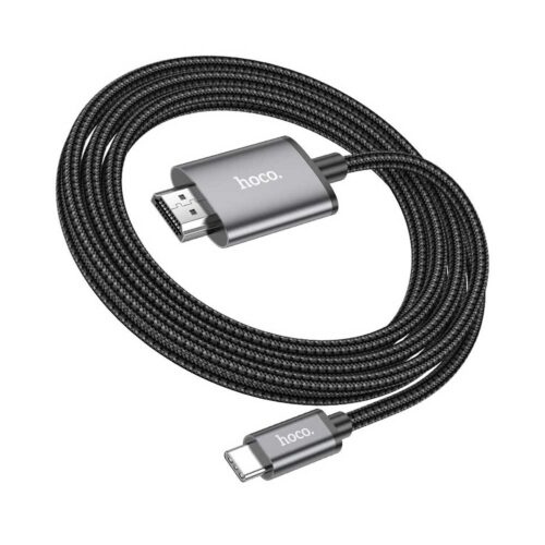 Un cable Hoco negro de USB-C a HDMI con recubrimiento trenzado conecta portátiles y dispositivos compatibles con pantallas 4K de alta definición.