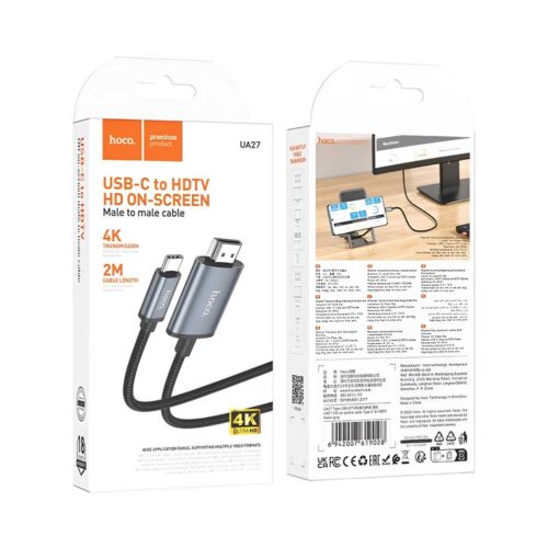 El cable Hoco UA27 USB-C a HDMI de 2 metros ofrece transmisión 4K a 30Hz para conectar notebooks, tablets o smartphones a pantallas compatibles.