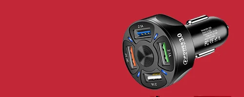 Adaptador cargador para auto Rayoshop Chile con puertos USB y USB-C, tecnología QC 3.0, diseño negro sobre fondo rojo para carga rápida en vehículo.