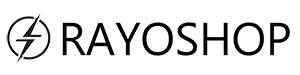 Logotipo de Rayoshop sobre fondo negro, con un ícono circular blanco de rayo y línea minimalista para venta de artículos electrónicos en Chile claro.