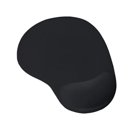 Un mouse pad negro ergonómico con apoyo en gel para la muñeca y base antideslizante, de forma compacta y superficie lisa para uso diario.
