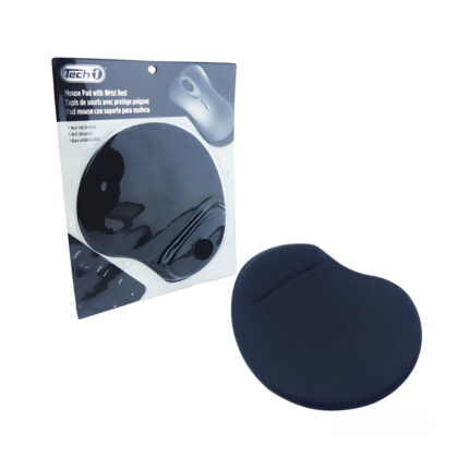 Un mouse pad ergonómico negro con apoyo de gel para la muñeca aparece junto a su empaque Tech1 sobre fondo blanco.