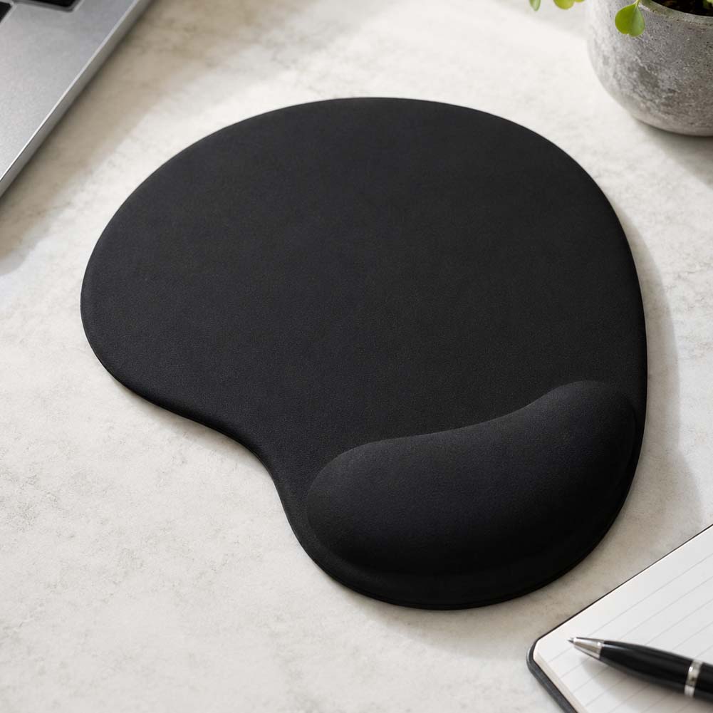 Un mouse pad negro con apoyo ergonómico para la muñeca descansa sobre un escritorio claro junto a una libreta, un bolígrafo y una maceta.