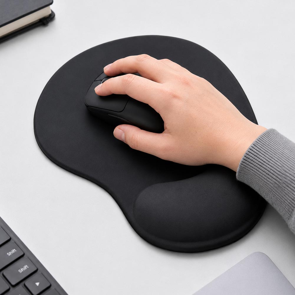 Una mano usa un mouse negro sobre un mouse pad ergonómico negro con apoyo de gel, junto a un teclado y una libreta sobre un escritorio blanco claro.