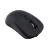 Un mouse inalámbrico recargable negro de diseño compacto muestra dos botones, rueda central y acabado liso sobre fondo blanco limpio.